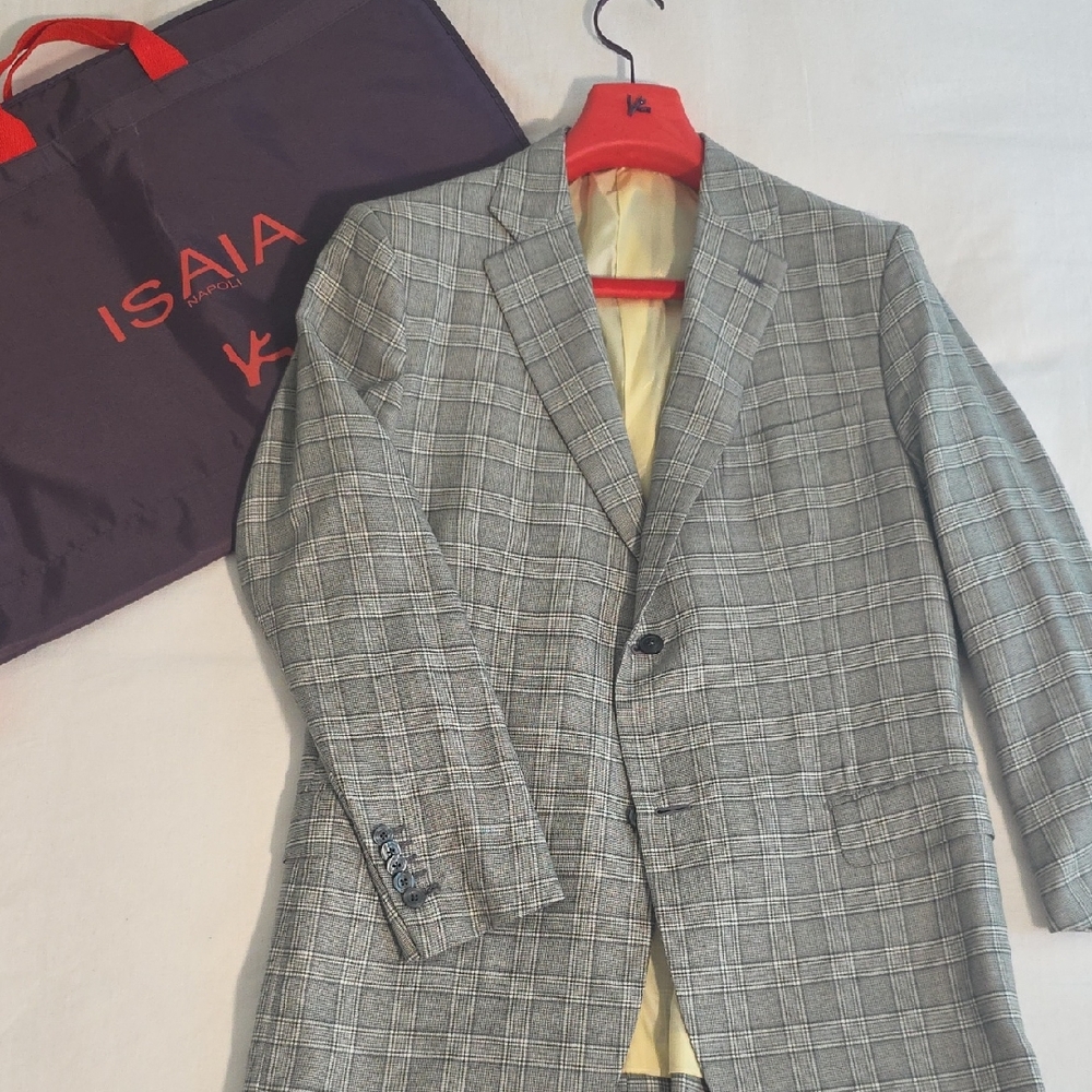 Isaia Cashmere Silk Aquaspider Plaid Blazer, IT 56, US 46